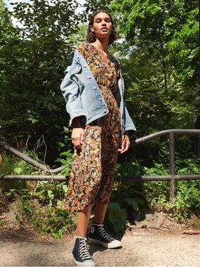 Madewell Lined Dolman-Sleeve Ruffle-Hem Midi Dress in Flower Garden, Size O